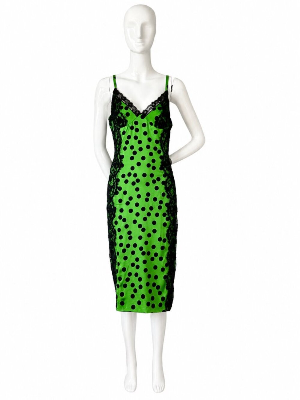 Vintage D&G Dolce & Gabbana Green Polka Dot Silk Lace Dress IT 46